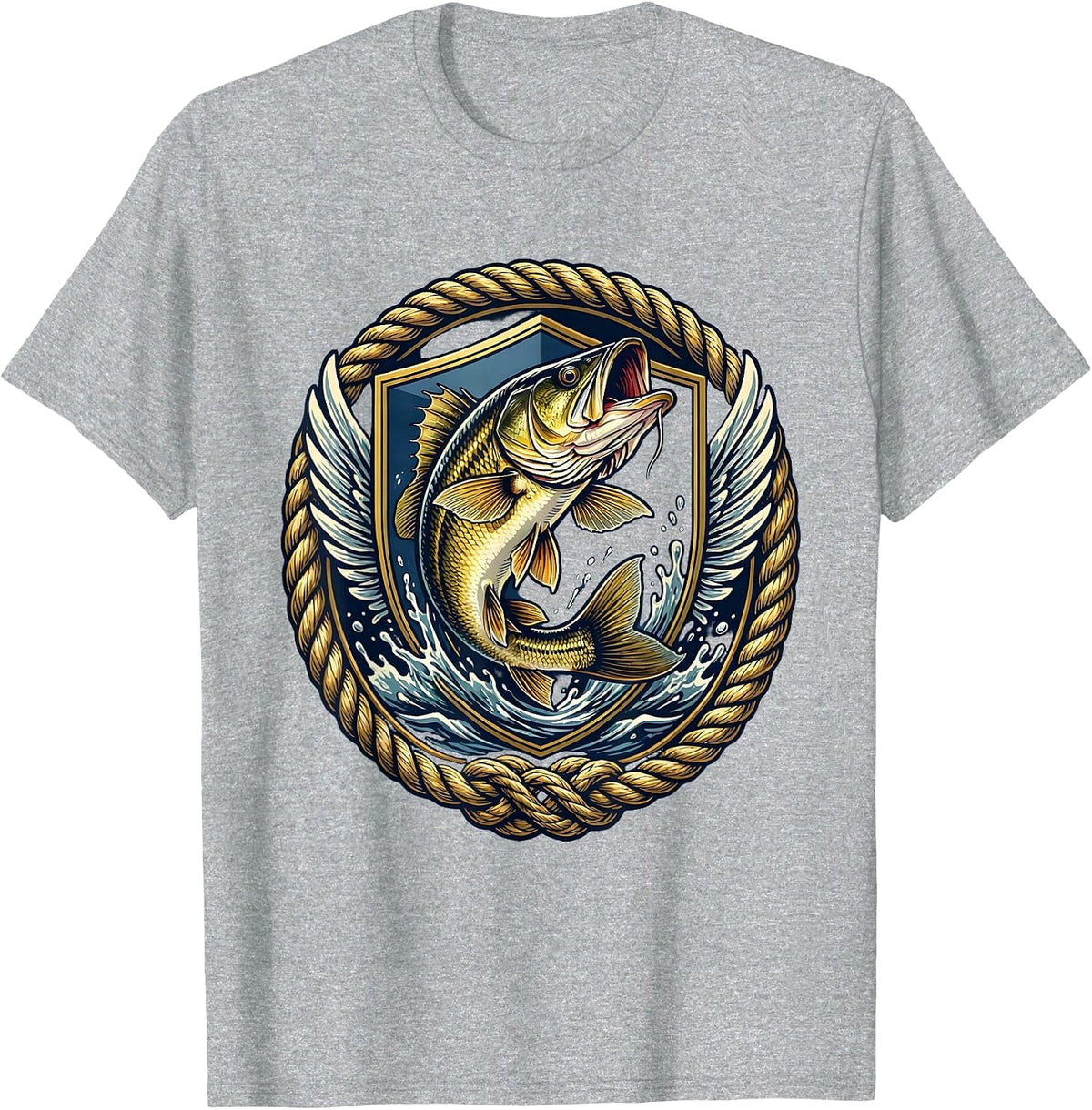 Men's Bass Fish Crashing Through Water Surface Design T-Shirt - Heather Grey