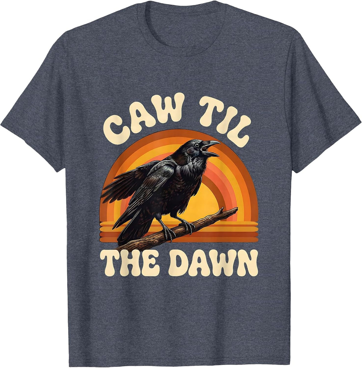 Caw Til The Dawn Crow Night Owl Design T-Shirt - Heather Blue
