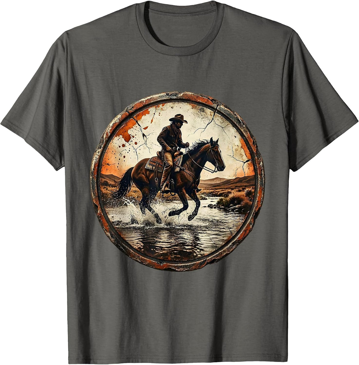 Cowboy on Horseback Crossing River Graphic T-Shirt - Asphalt Grey