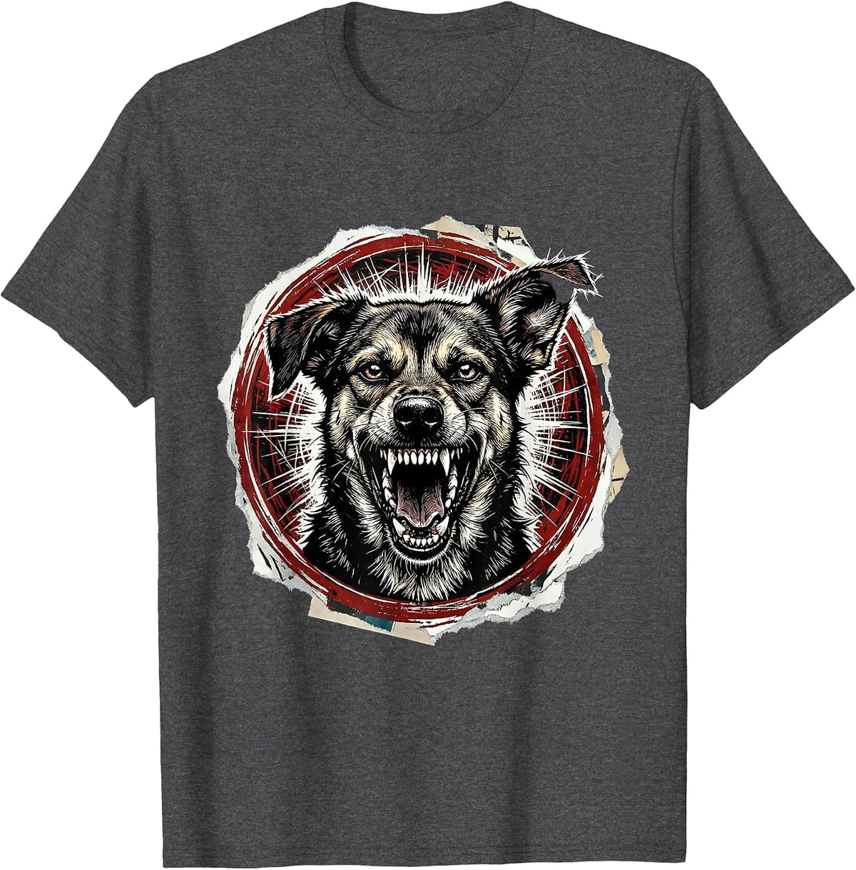 Feral Stray Dog Snarling Torn Ear Wild Art T-Shirt - Dark Heather Grey