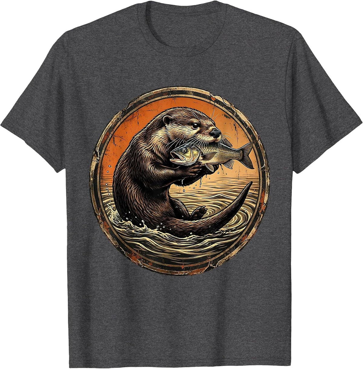 Venezuela Giant River Otter With Fish Illustration T-Shirt - Dark Heather Grey