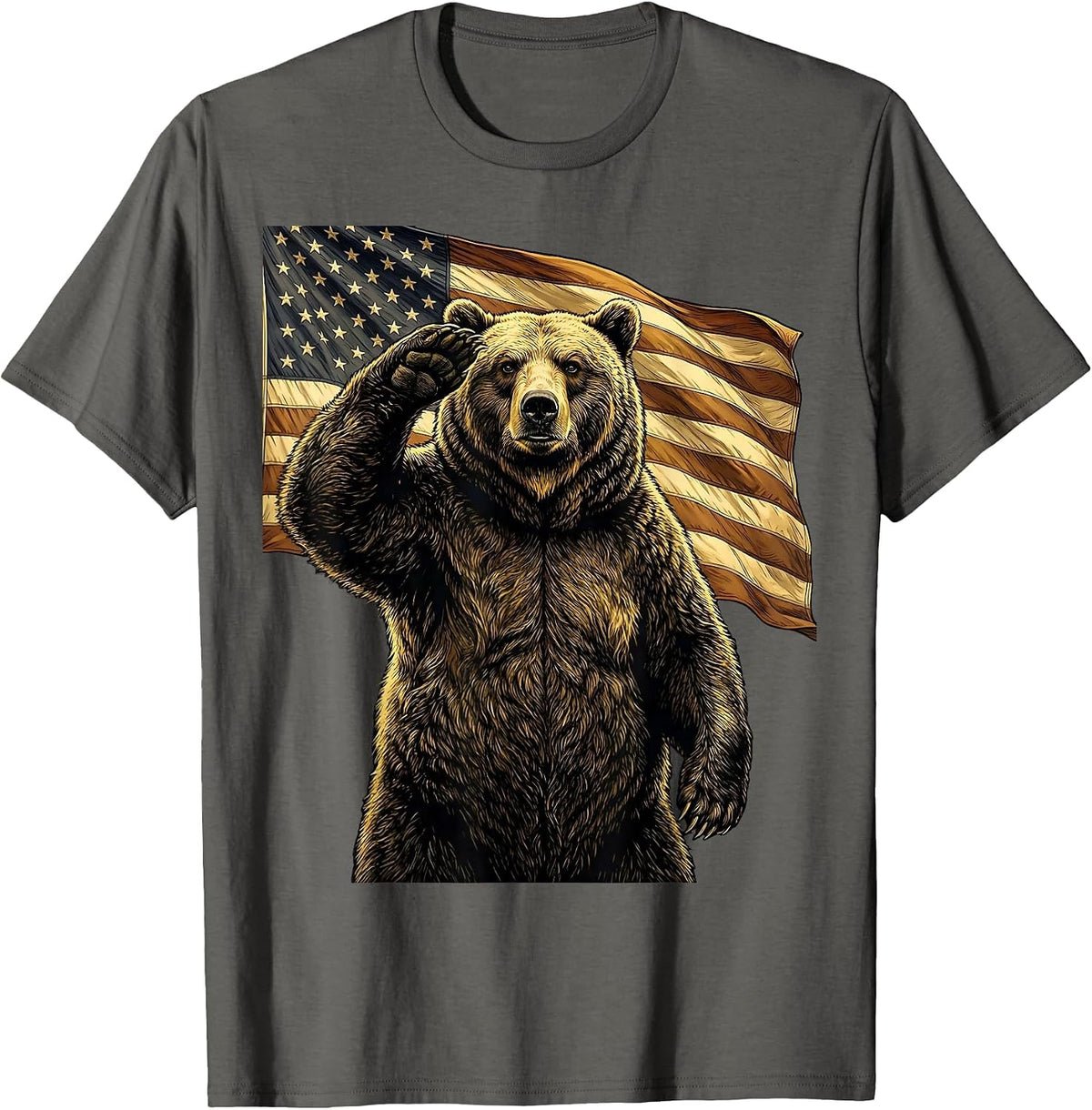 Patriotic Bear Waving American Flag Illustration T-Shirt - Asphalt Grey
