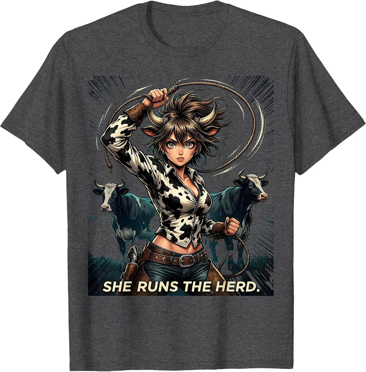 Men's She Runs The Herd Cow Lover Design T-Shirt - Dark Heather Grey