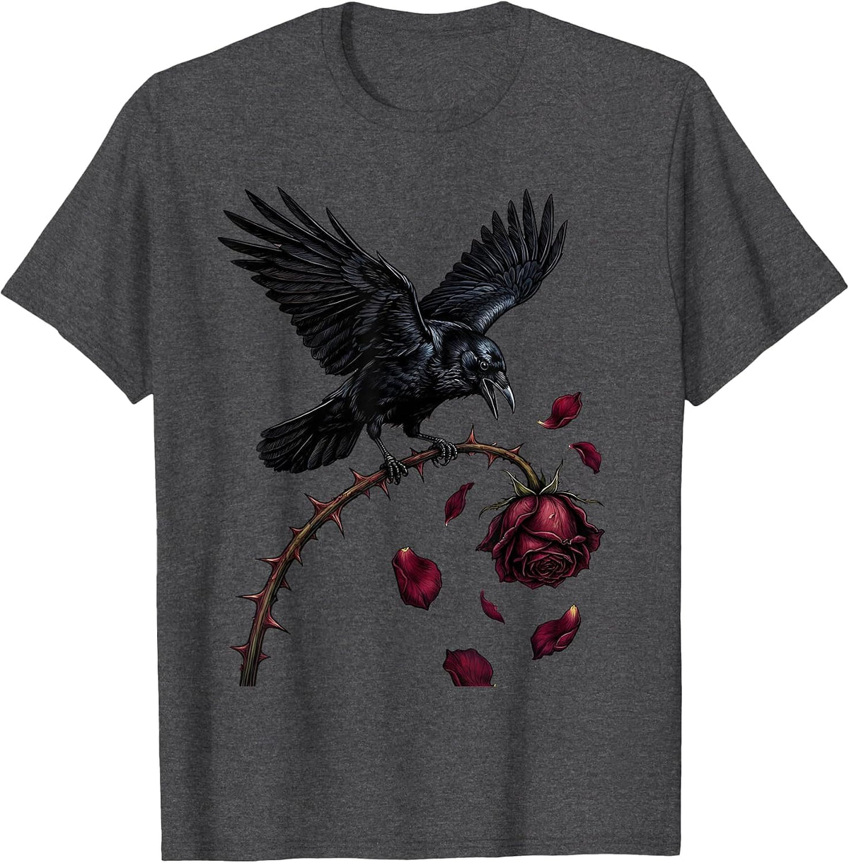 Emo Crow on Thorny Rose Stem Graphic T-Shirt - Dark Heather Grey
