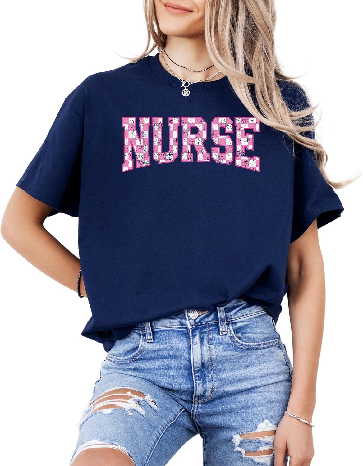 Nurse Checkerboard Graphic T-Shirt – Unisex Cotton Appreciation Tee – Cute Pink Letter Print Medical Top - Navy