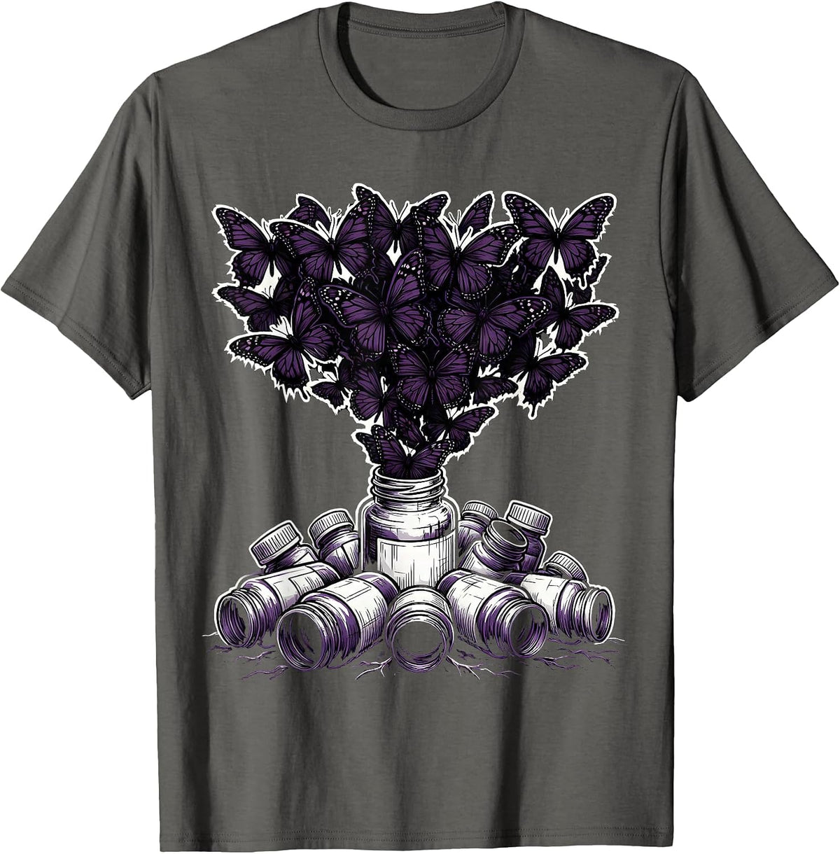 Men's Emo Pill Bottles Black Butterflies Graphic T-Shirt - Asphalt Grey