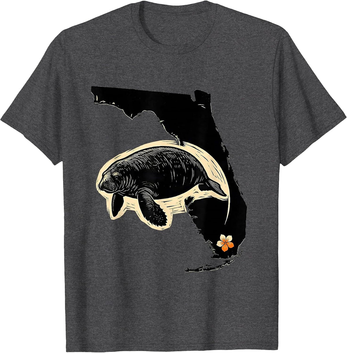 Florida Peninsula Manatee Linocut Retro State Pride T-Shirt - Dark Heather Grey