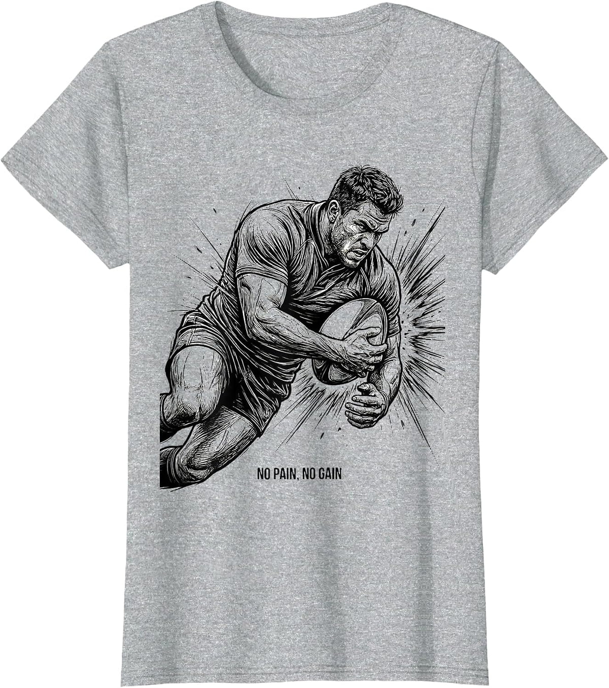 No Pain No Gain Rugby Graphic Design T-Shirt - Heather Grey