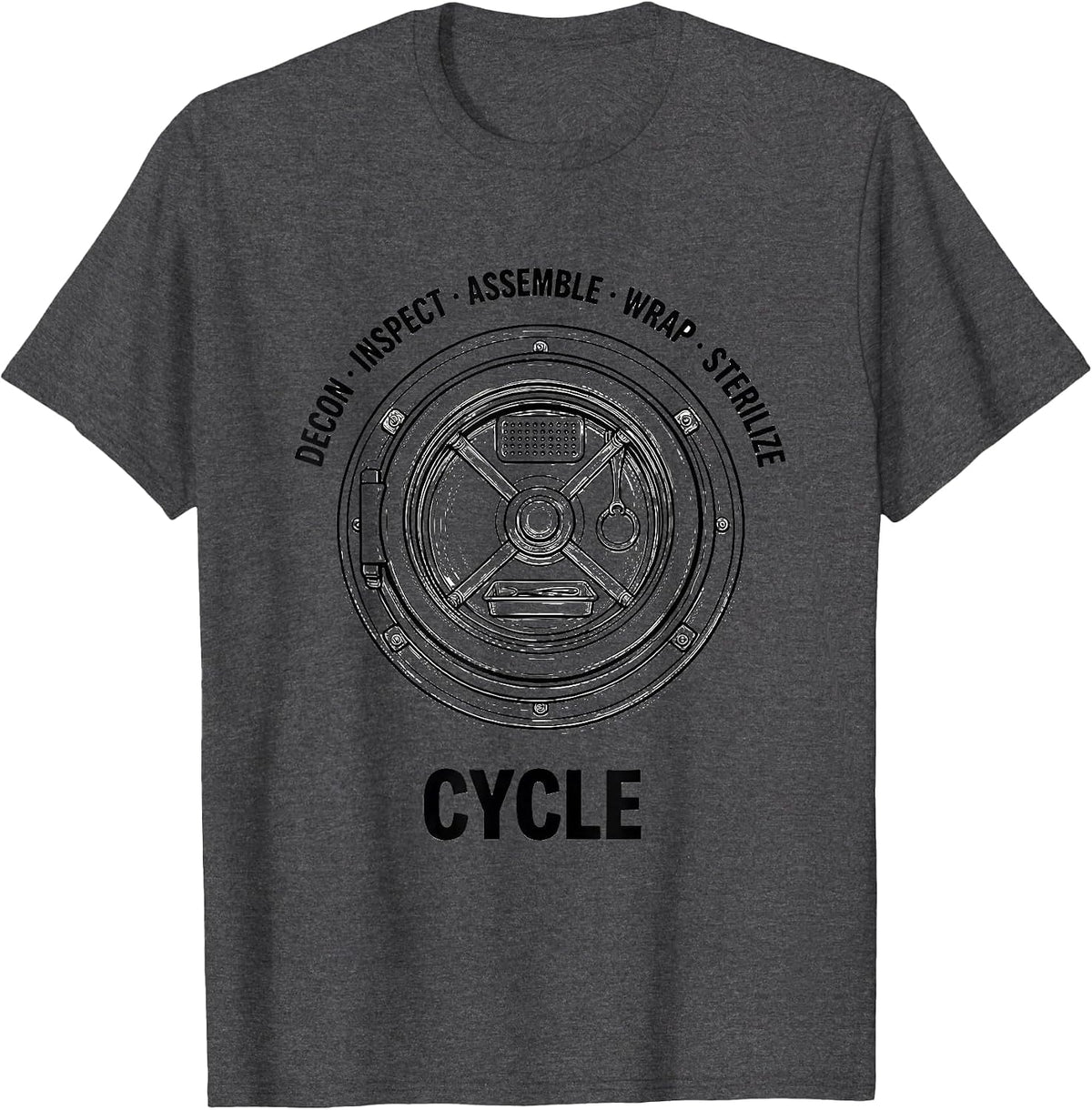 Decon Inspect Assemble Wrap Sterilize Cycle Funny Sterile T-Shirt - Dark Heather Grey