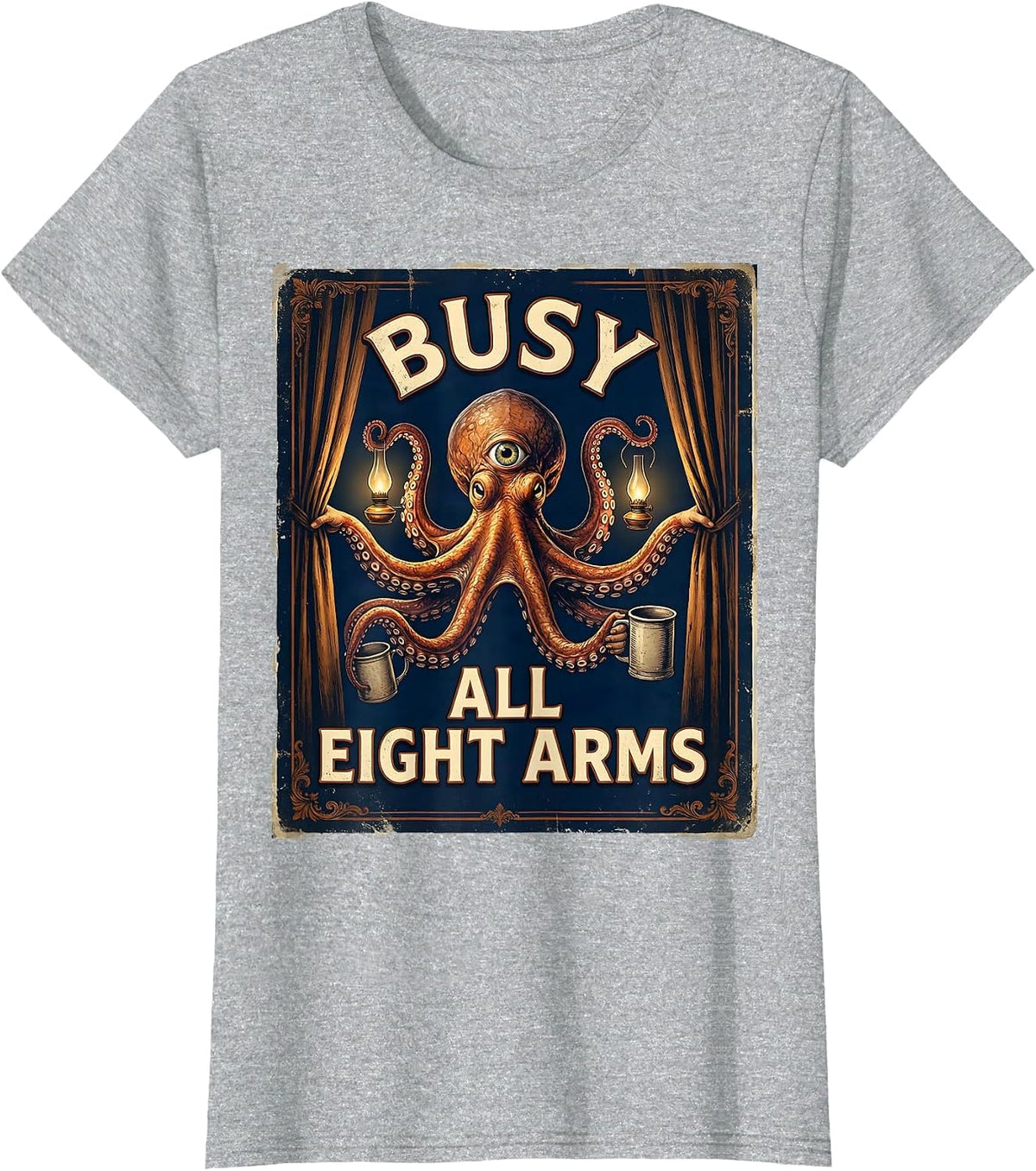 Busy, All Eight Arms Vintage Octopus Lover Ocean Animal Art T-Shirt - Heather Grey