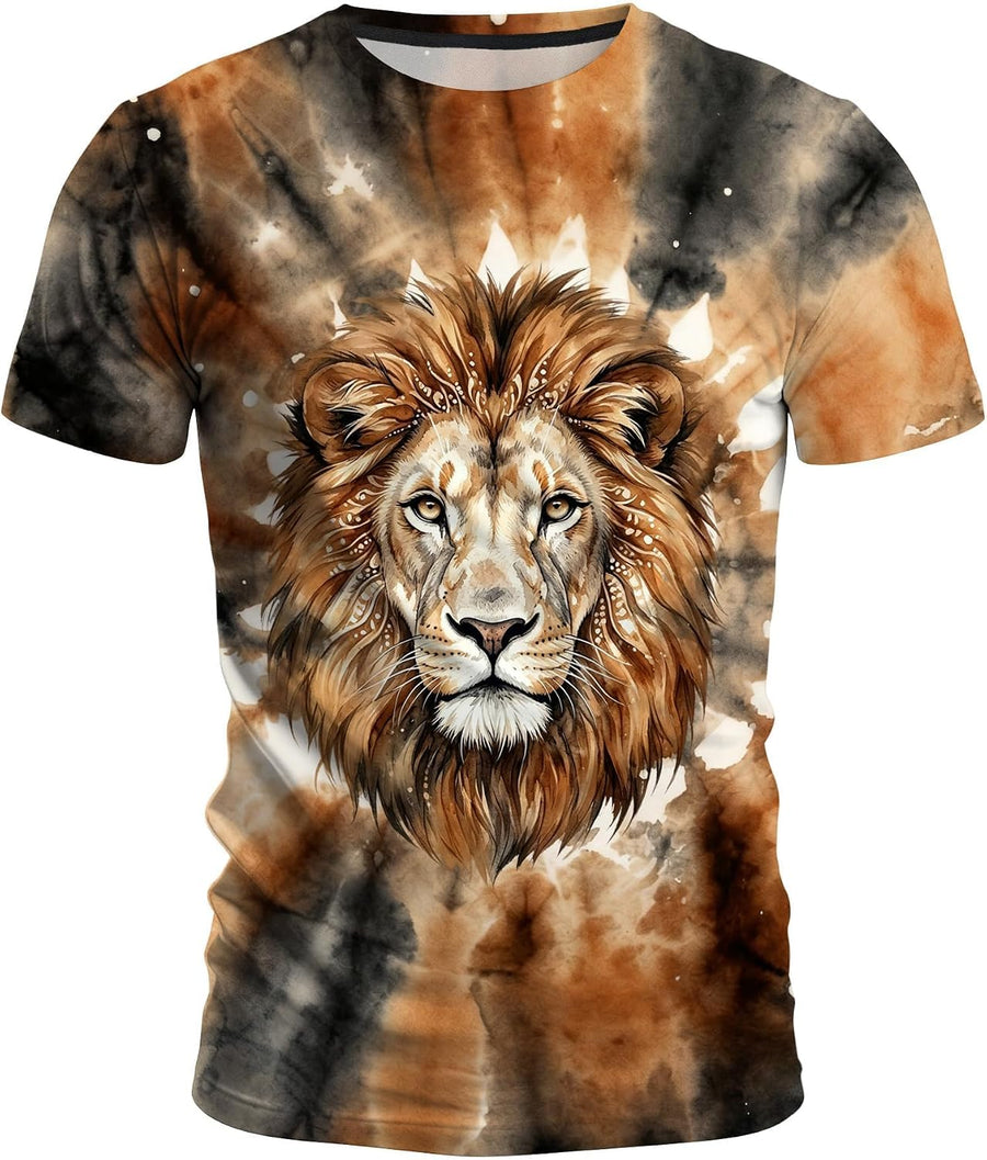Men's Tie Dye Animal Graphic T-Shirt, Crew Neck Short Sleeve Summer Casual Tee - Brown Beige Tie Dye Lion-3