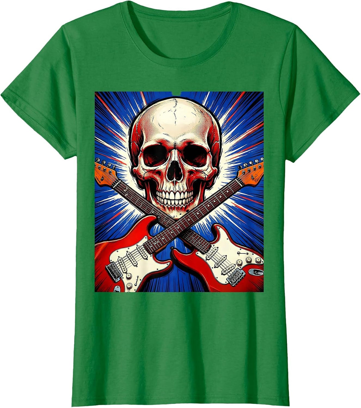 Skull Crossed Electric Guitars Rock Band Graphic T-Shirt - Kelly Green