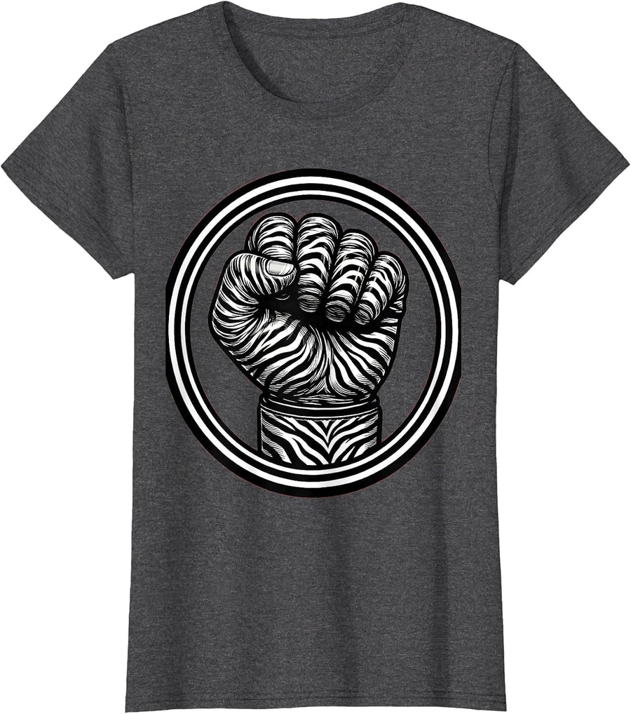 Women's Black White Checkered Boxing Glove Raised Fist T-Shirt - Dark Heather Grey