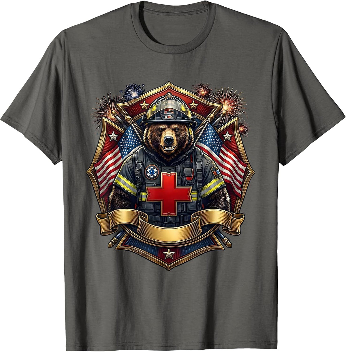 Bear Paramedic EMT Rescue Hero Graphic Design T-Shirt - Asphalt Grey