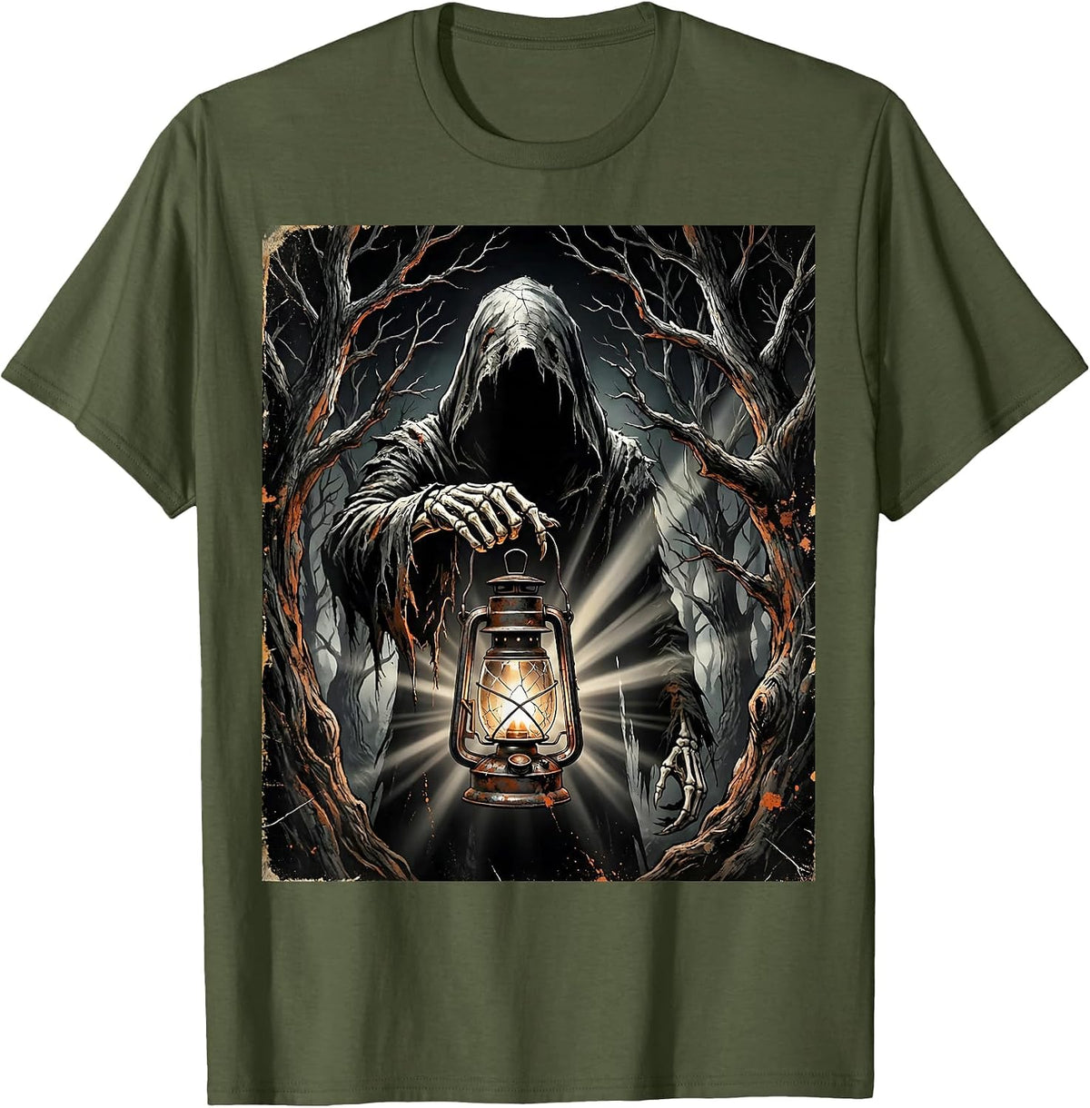 Dark Forest Lantern Cloaked Figure Heavy Metal T-Shirt - Olive Green