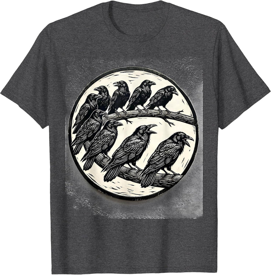 Men's Sealed Crow Woodcut Gothic Humor Novelty T-Shirt - Dark Heather Grey