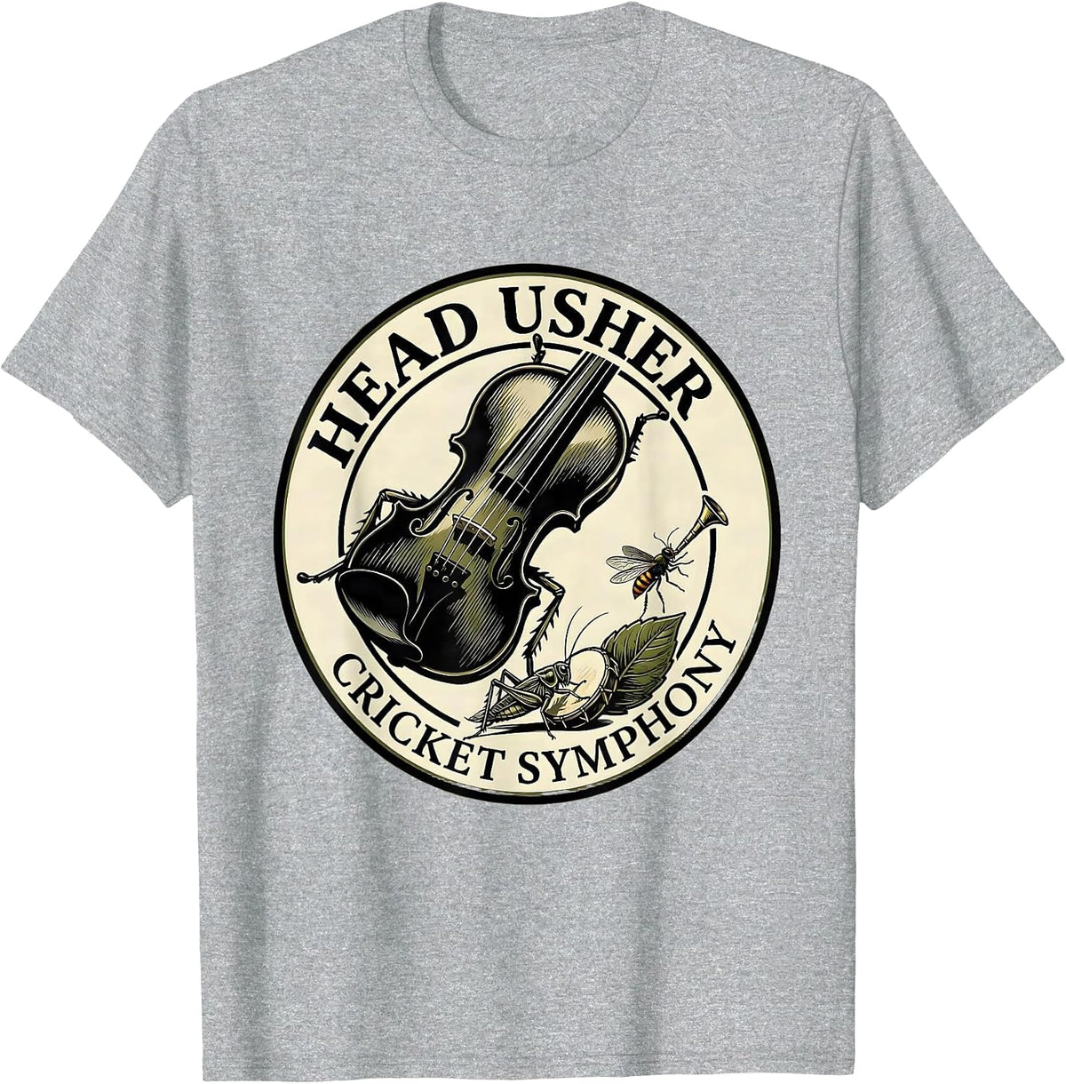 Men's Head Usher Cricket Symphony Vintage Insect Band Nature Lover T-Shirt - Heather Grey
