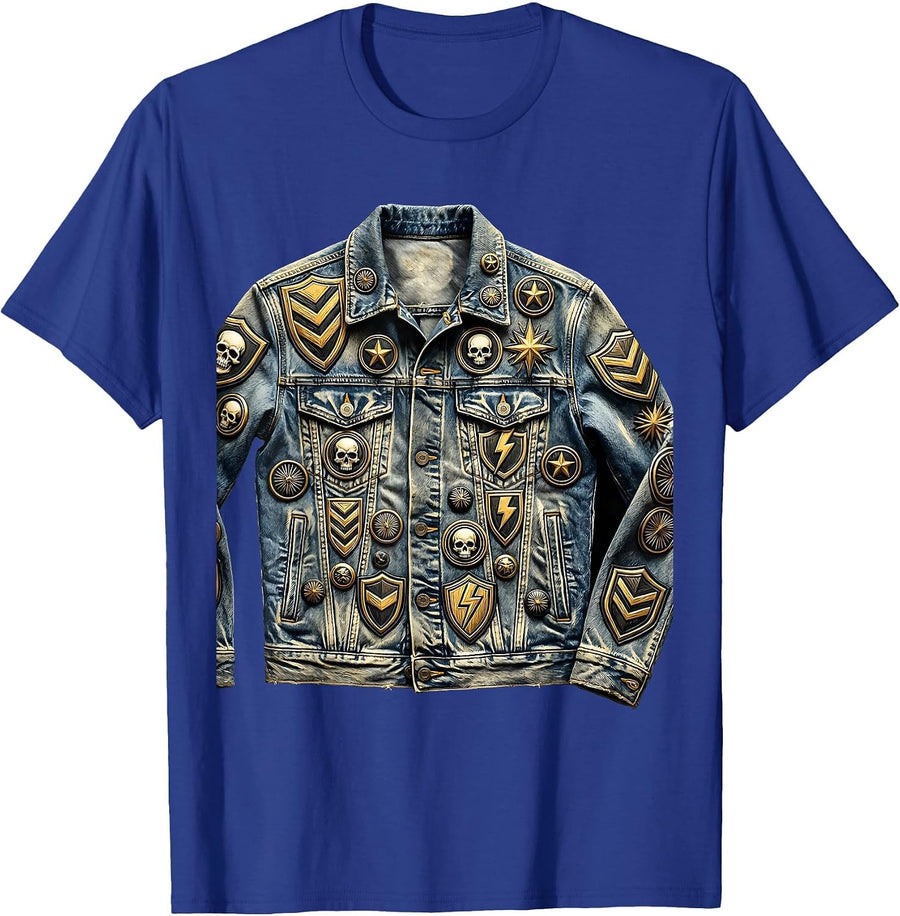 Patched Band Jacket Graphic Tee T-Shirt - Royal Blue