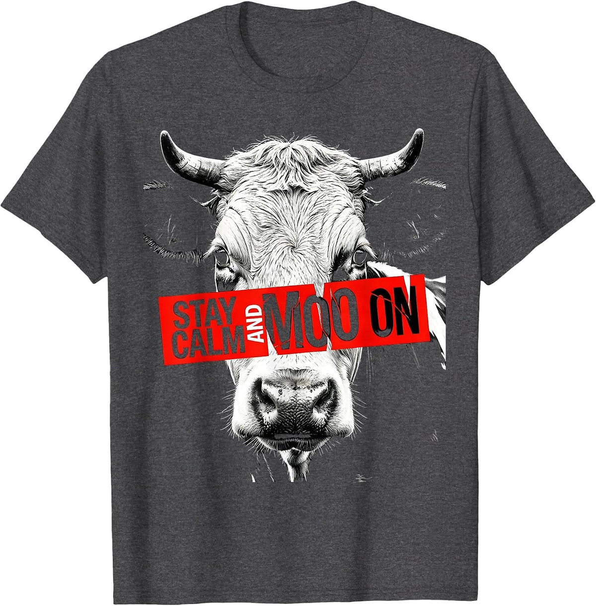 Men's Stay Calm and Moo On Funny Cow Design T-Shirt - Dark Heather Grey