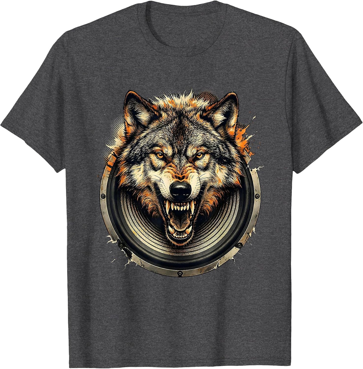 Men's Grunge Wolf Emerging From Speaker Static T-Shirt - Dark Heather Grey