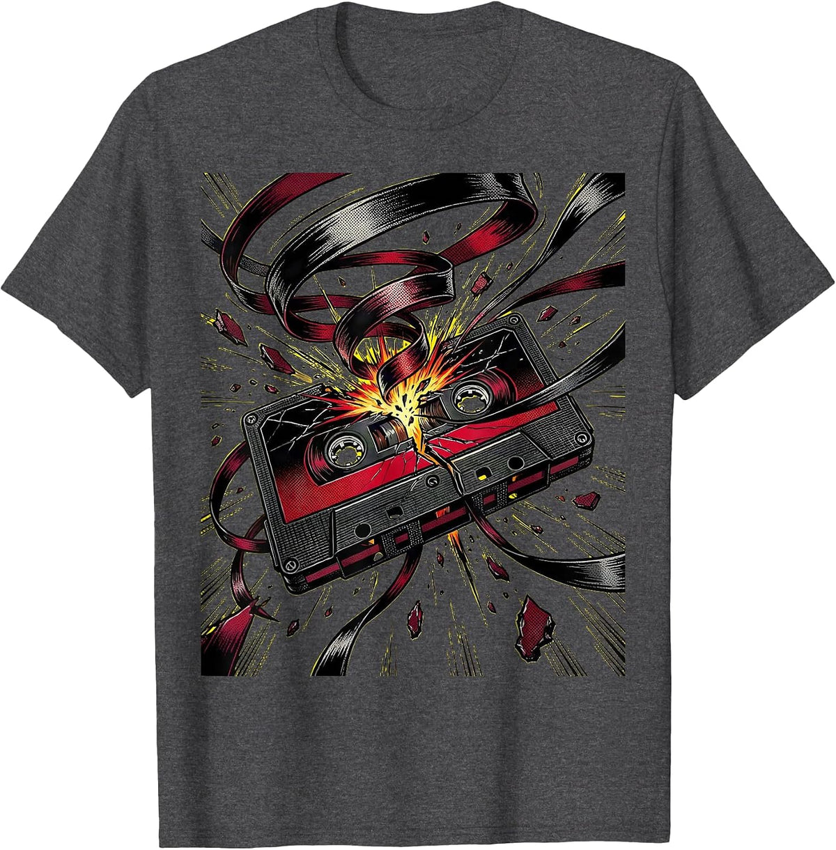Cassette Tape Unraveling Wind Rock Music Graphic T-Shirt - Dark Heather Grey