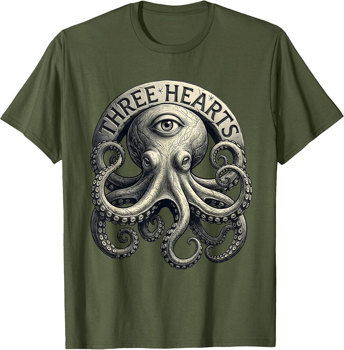 Men's Three Hearts Tactile Monochrome Octopus Lover Ocean Animal T-Shirt - Olive Green