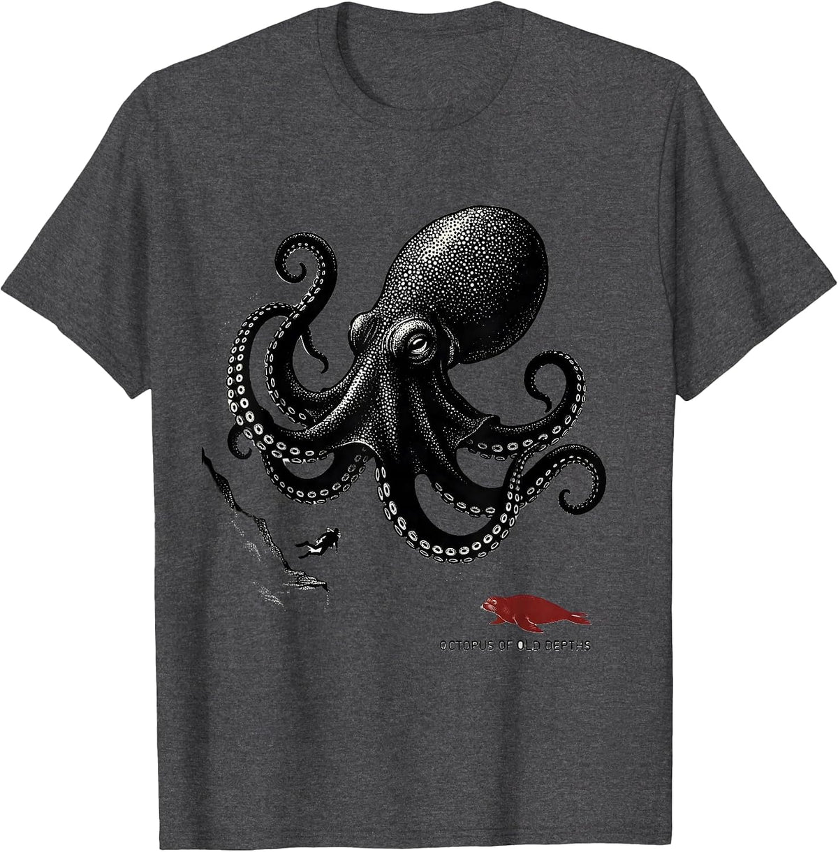 Men's Octopus of Old Depths Blackwork Dotwork Ocean Animal Lover T-Shirt - Dark Heather Grey