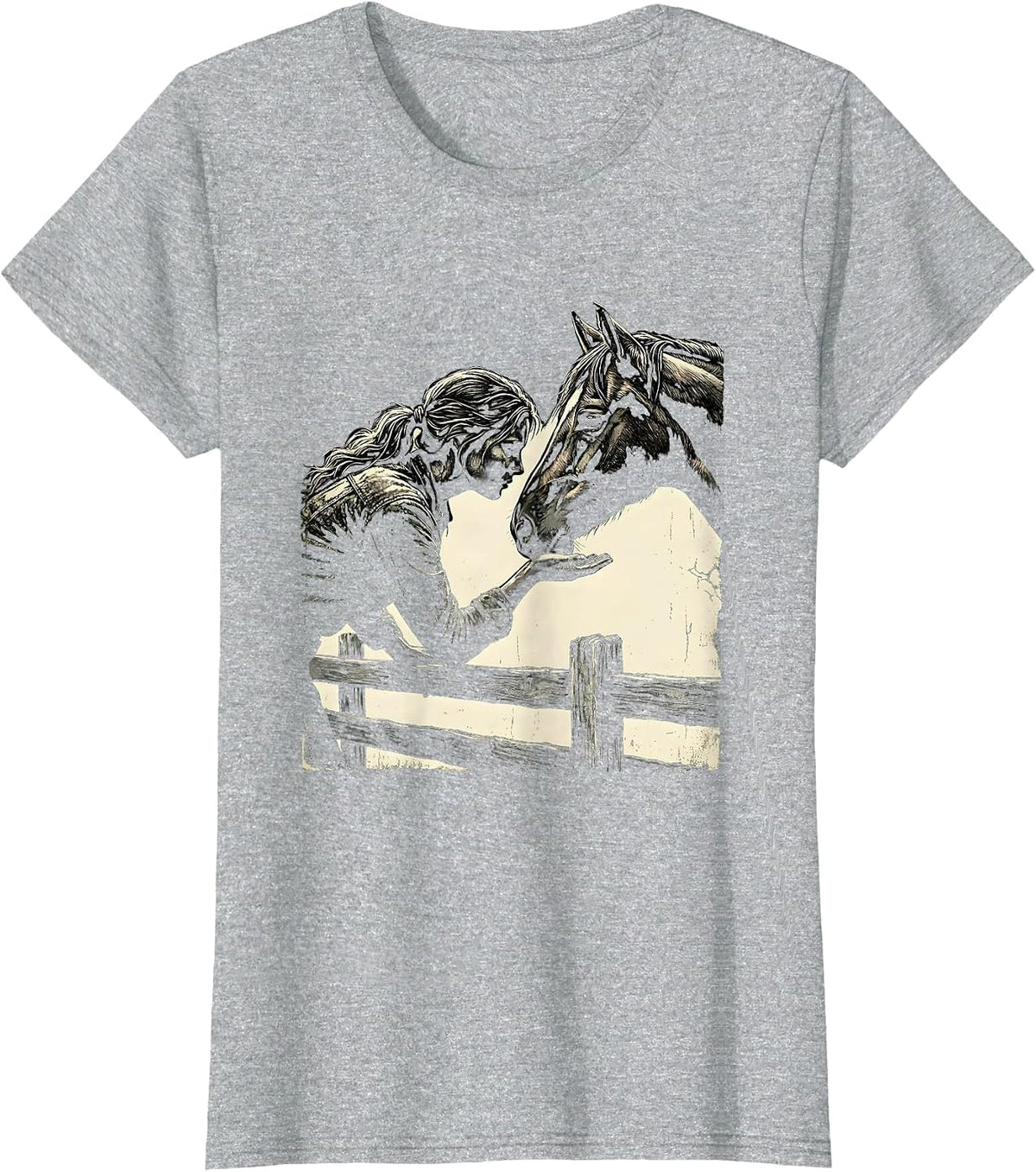Horse Lover Apple Feeding Over Fence Illustration T-Shirt - Heather Grey