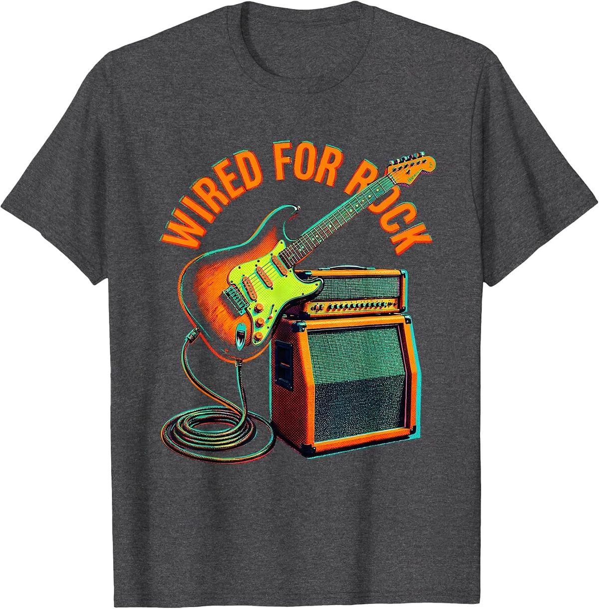 Wired for Rock Bold Rock and Roll Graphic Design T-Shirt - Dark Heather Grey