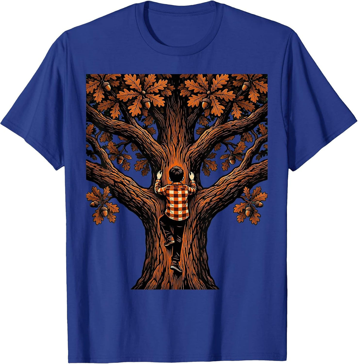 Fall Boy Climbing Oak Tree Autumn Illustration T-Shirt - Royal Blue