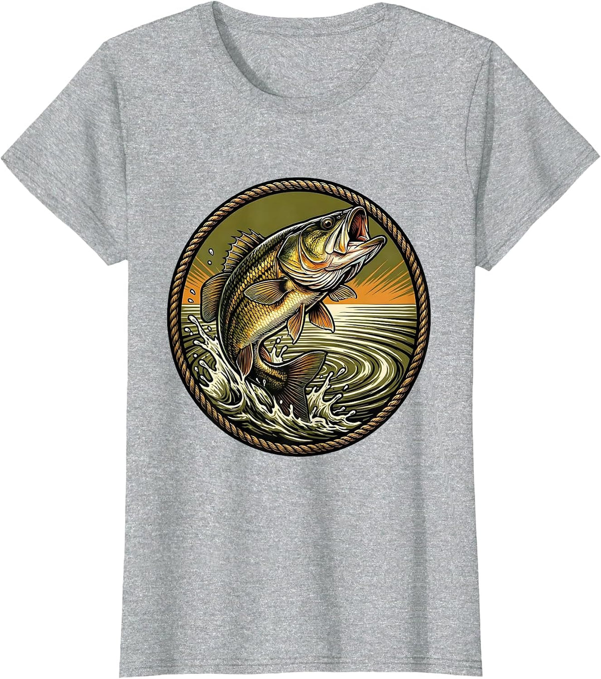 Largemouth Bass Leaping From Water Fishing Design T-Shirt - Heather Grey