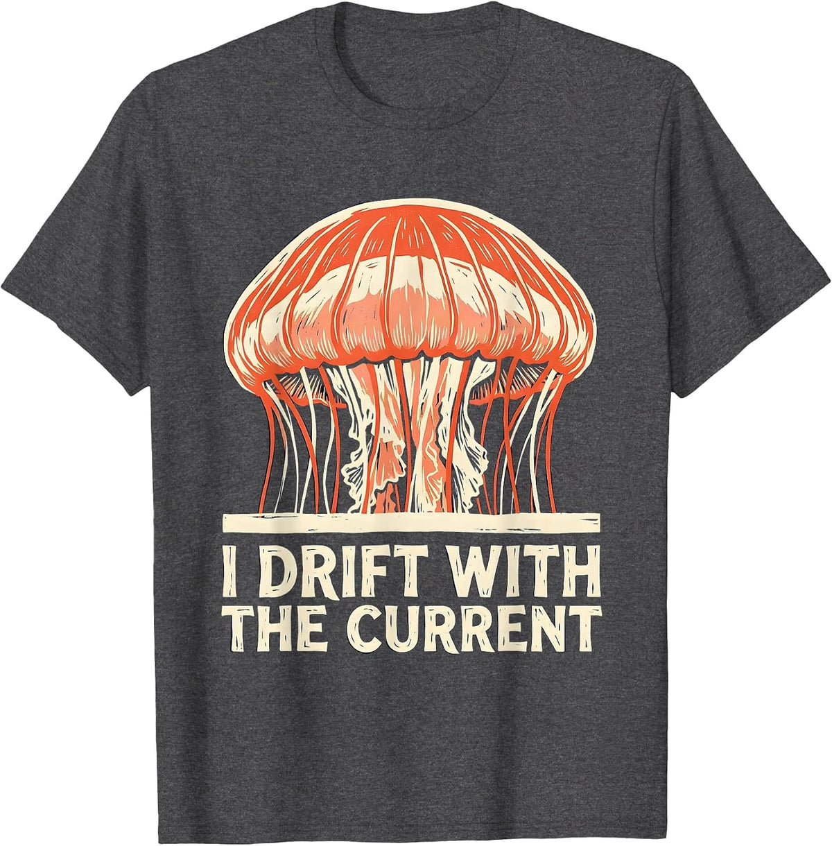 I Drift With The Current Linocut Jellyfish Ocean Lover T-Shirt - Dark Heather Grey