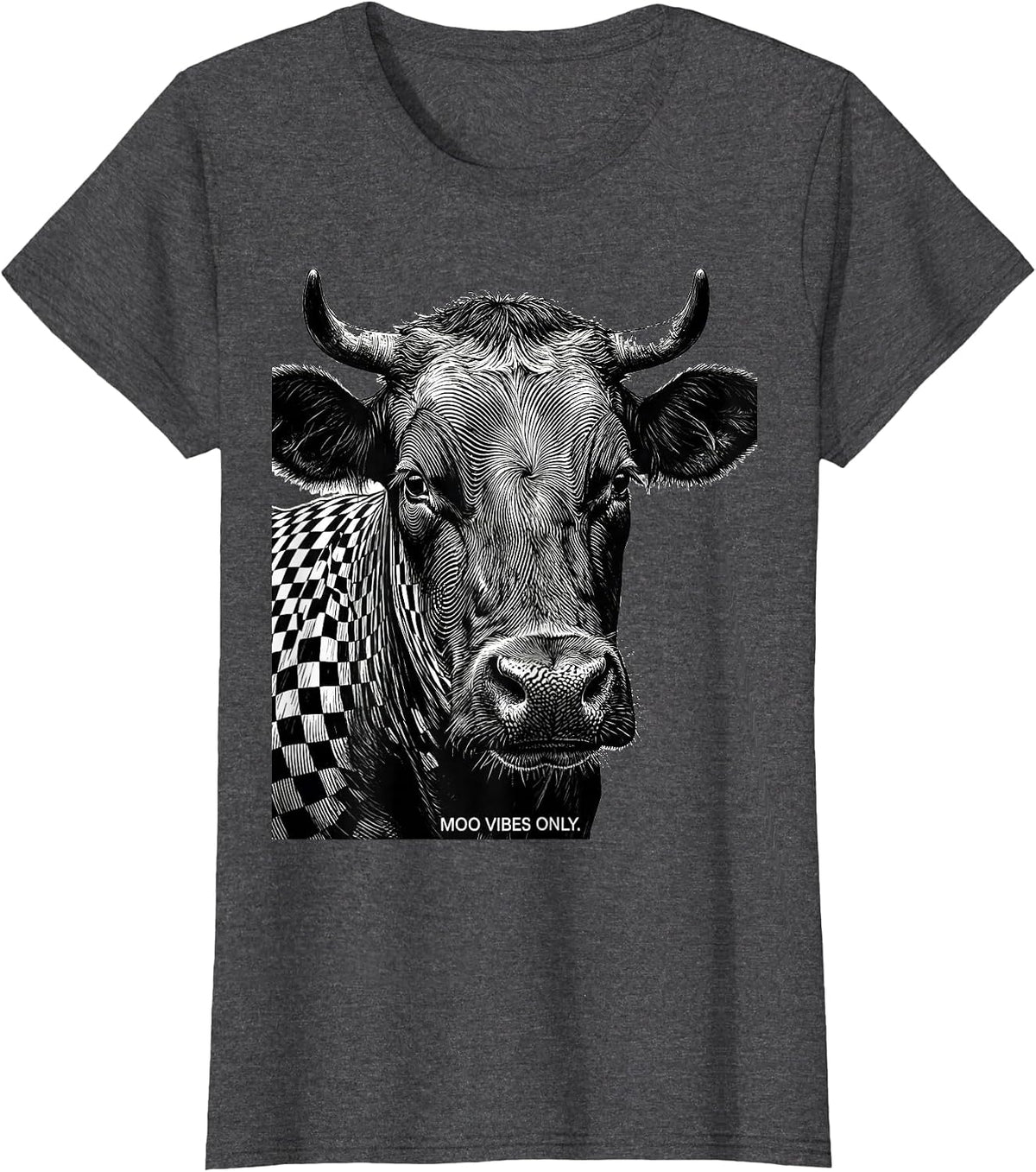 Women's Moo Vibes Only Cow Print Graphic Design T-Shirt - Dark Heather Grey