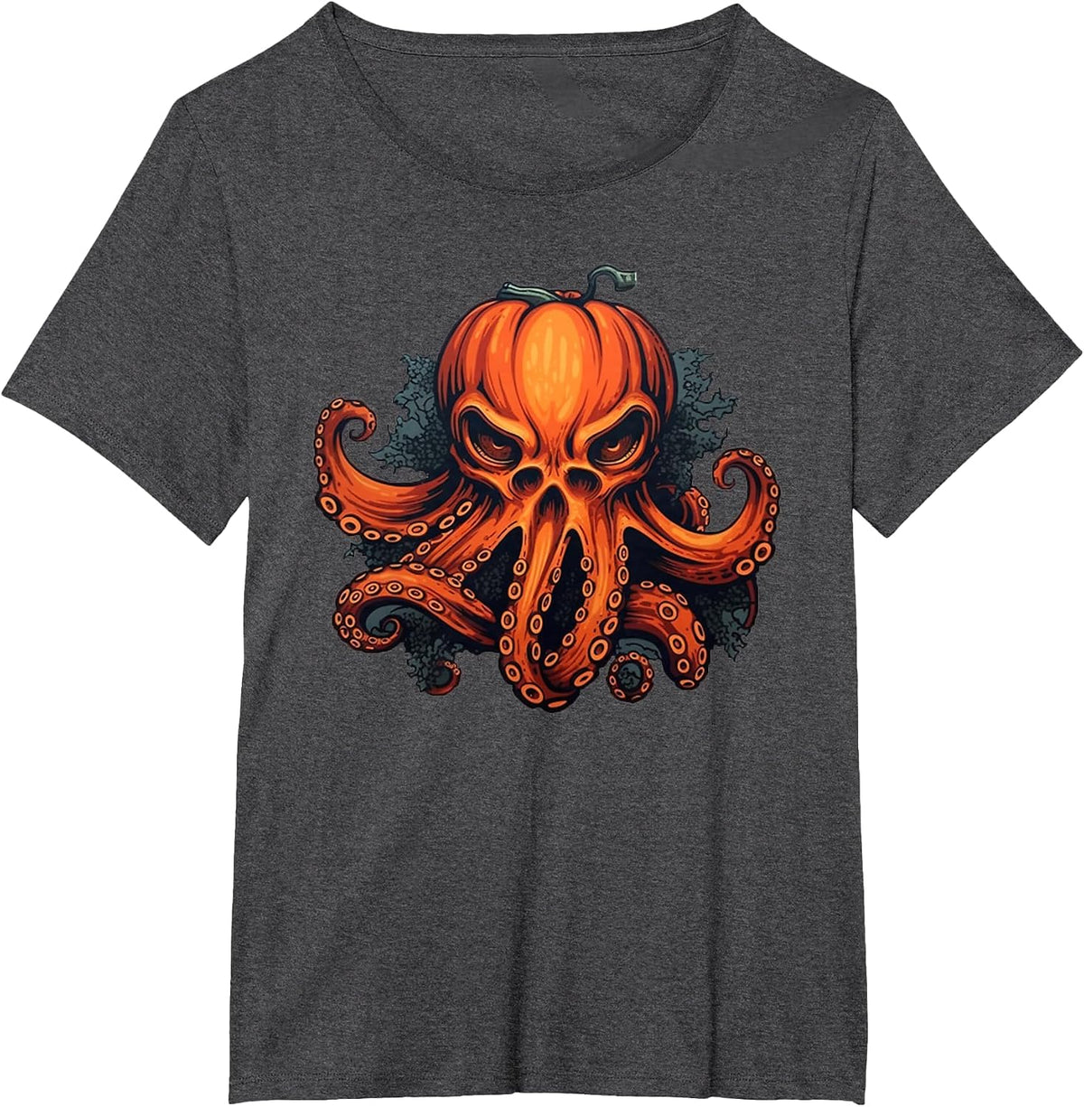 Octoween Spooky Octopus Skull Witch Pumpkin Funny Halloween T-Shirt - Dark Heather Grey