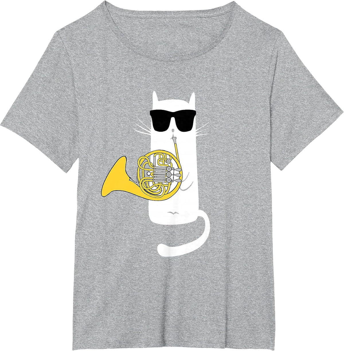 Funny Cat Wearing Sunglasses Playing French Horn T-Shirt - Heather Grey