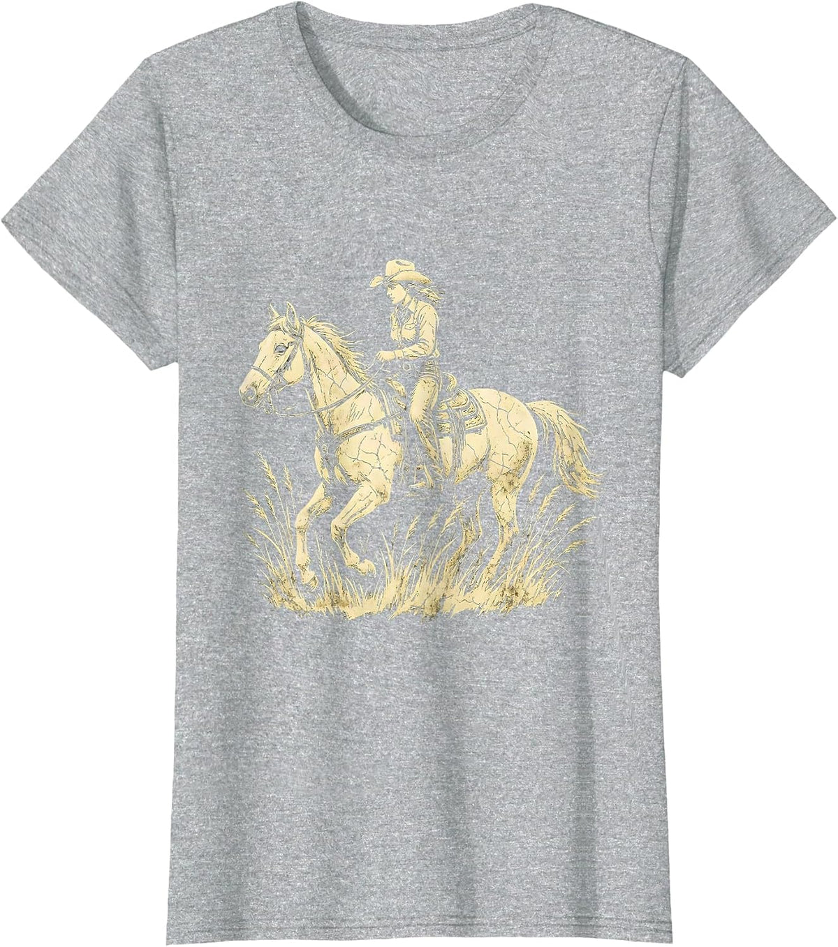 Cowgirl on Horseback Through Golden Grass T-Shirt - Heather Grey