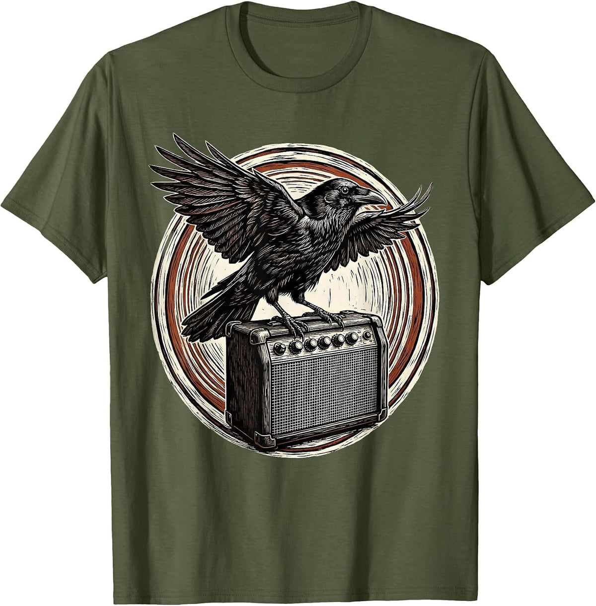 Crow on Vintage Amp Emo Band Graphic T-Shirt - Olive Green