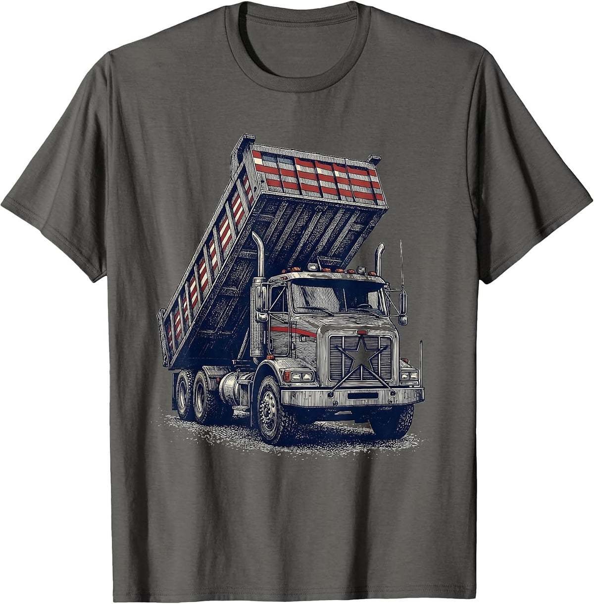 Men's Heavy Dump Truck Crosshatch Etching Patriotic Driver T-Shirt - Asphalt Grey