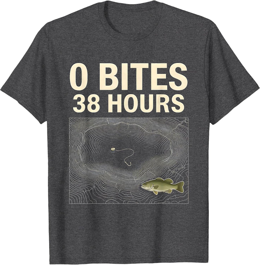 Men's 0 Bites 38 Hours Funny Bass Fishing Humor T-Shirt - Dark Heather Grey