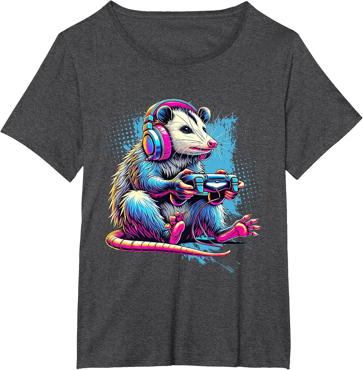 Funny Distressed Possum Gaming Retro Opossum Video Games T-Shirt - Dark Heather Grey