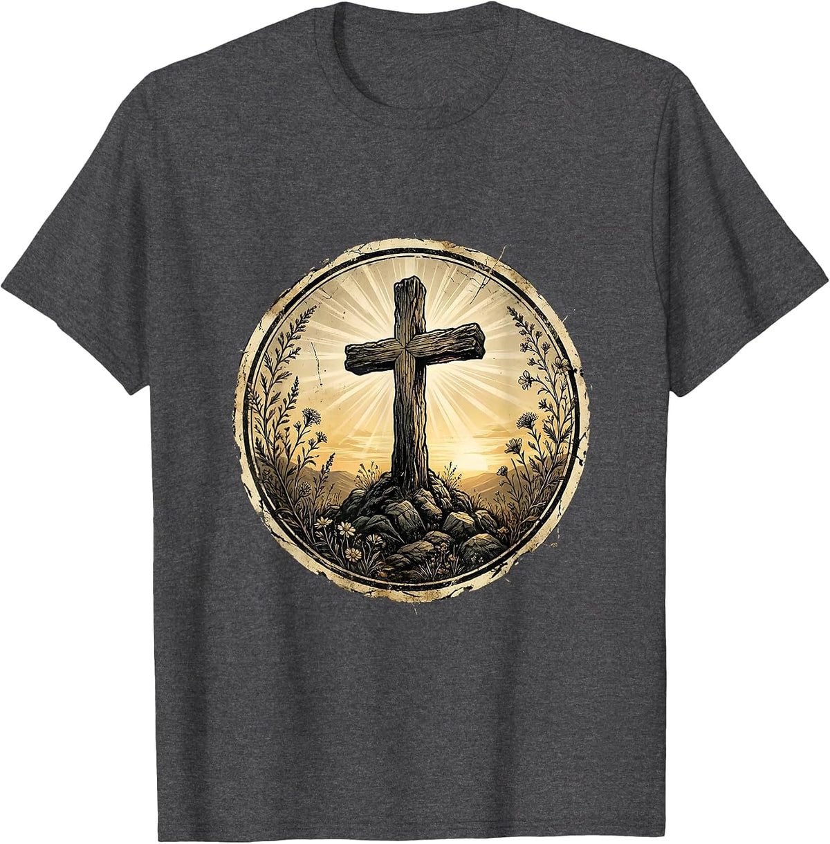 Men's Cross on Rocky Hillside at Dusk Faith Design T-Shirt - Dark Heather Grey