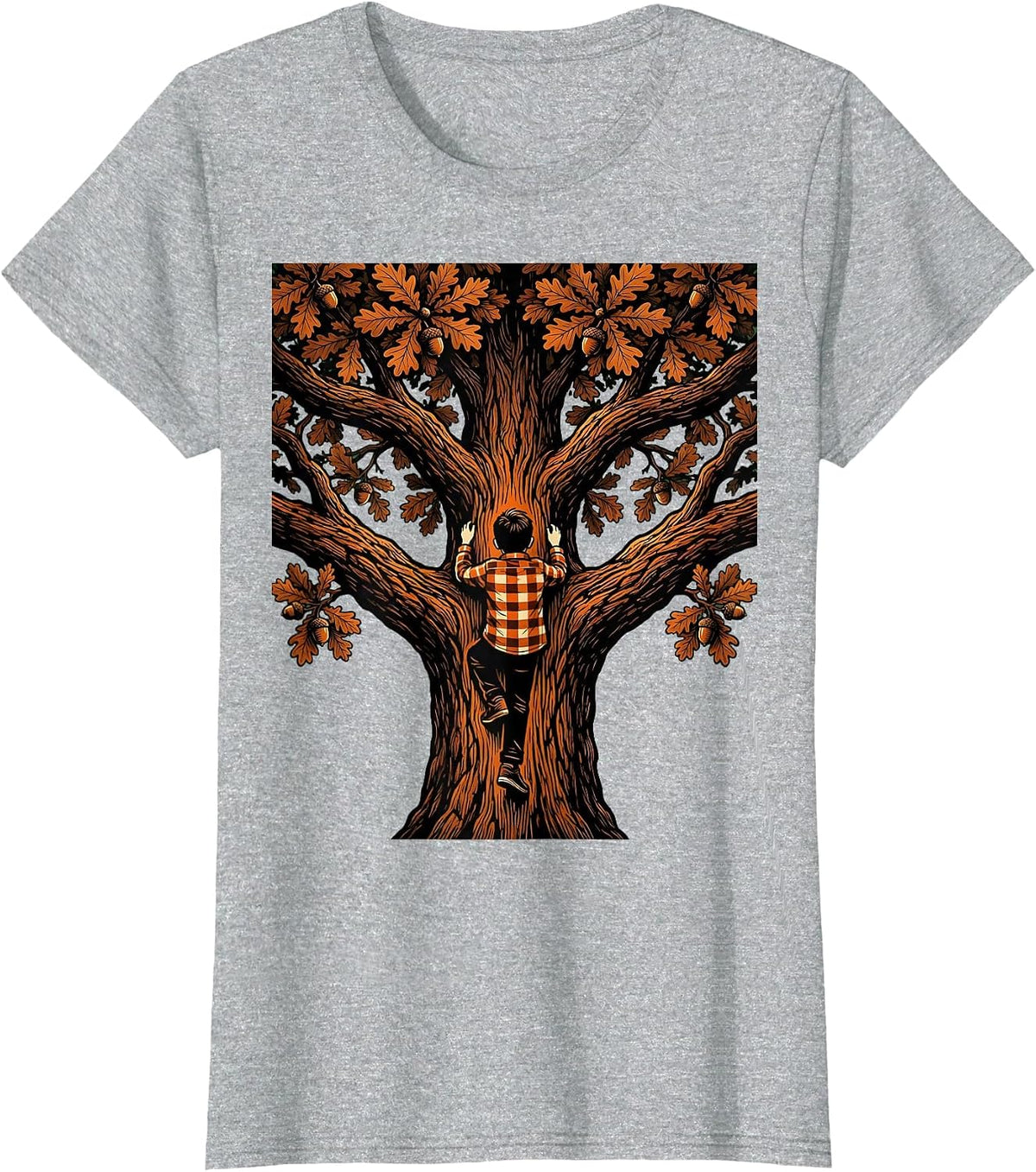 Fall Boy Climbing Oak Tree Autumn Illustration T-Shirt - Heather Grey
