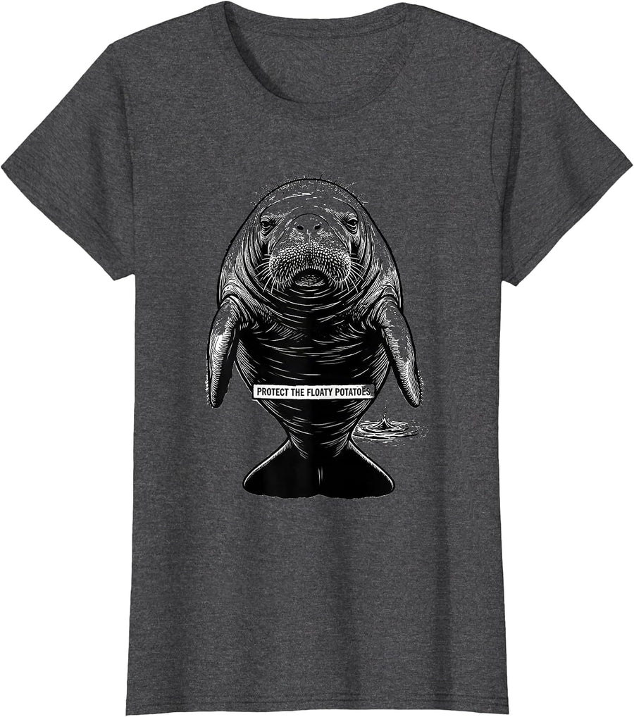 Women's Protect The Floaty Potatoes Funny Manatee Sea Animal Lover T-Shirt - Dark Heather Grey