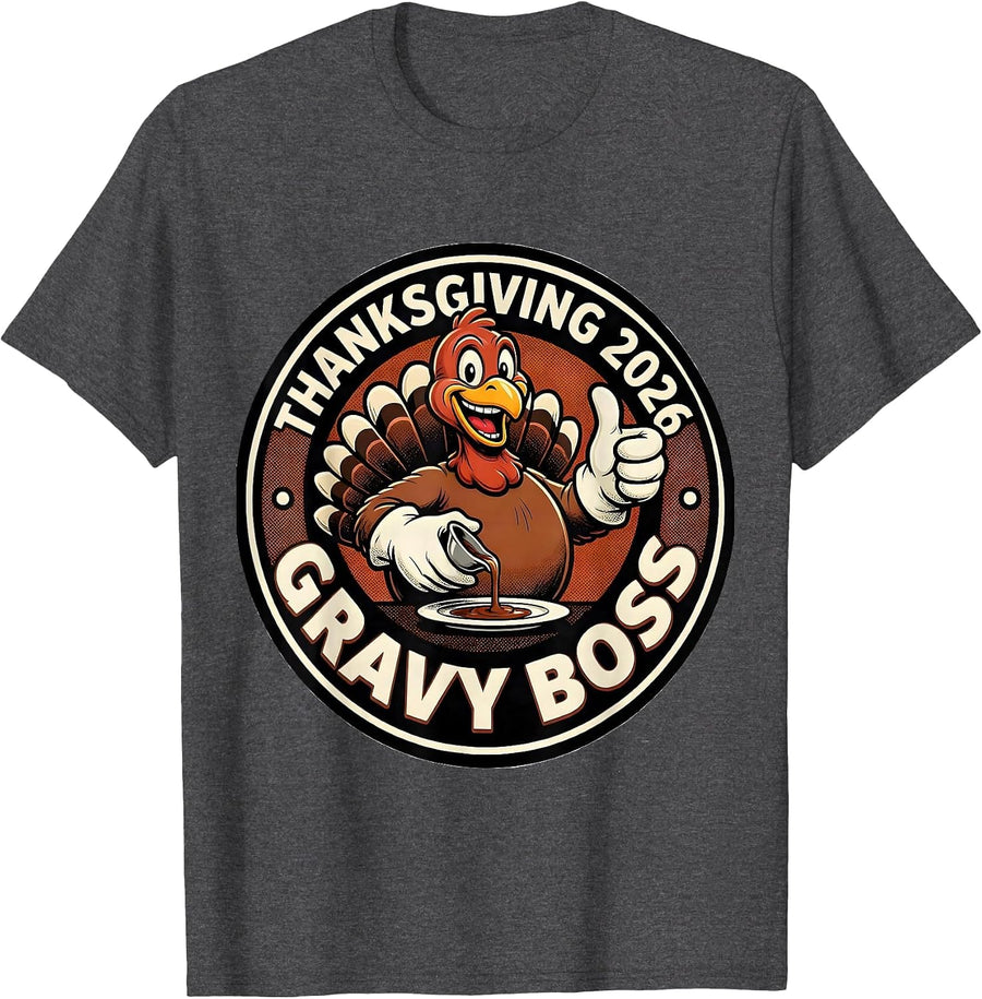 Men's Thanksgiving 2026 Gravy Boss Retro Cartoon Family Crew T-Shirt - Dark Heather Grey