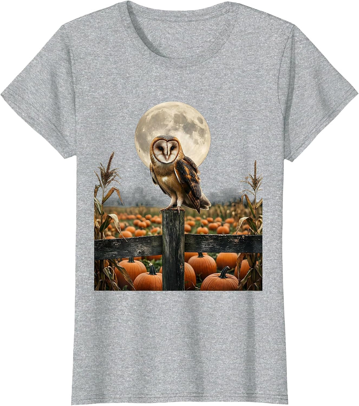 Barn Owl Moonlit Pumpkin Patch Illustration T-Shirt - Heather Grey