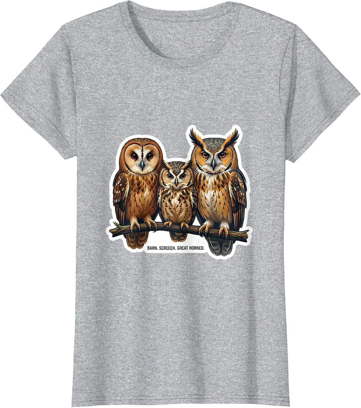 Women's Barn. Screech. Great Horned Funny Owl Lover Birdwatcher T-Shirt - Heather Grey
