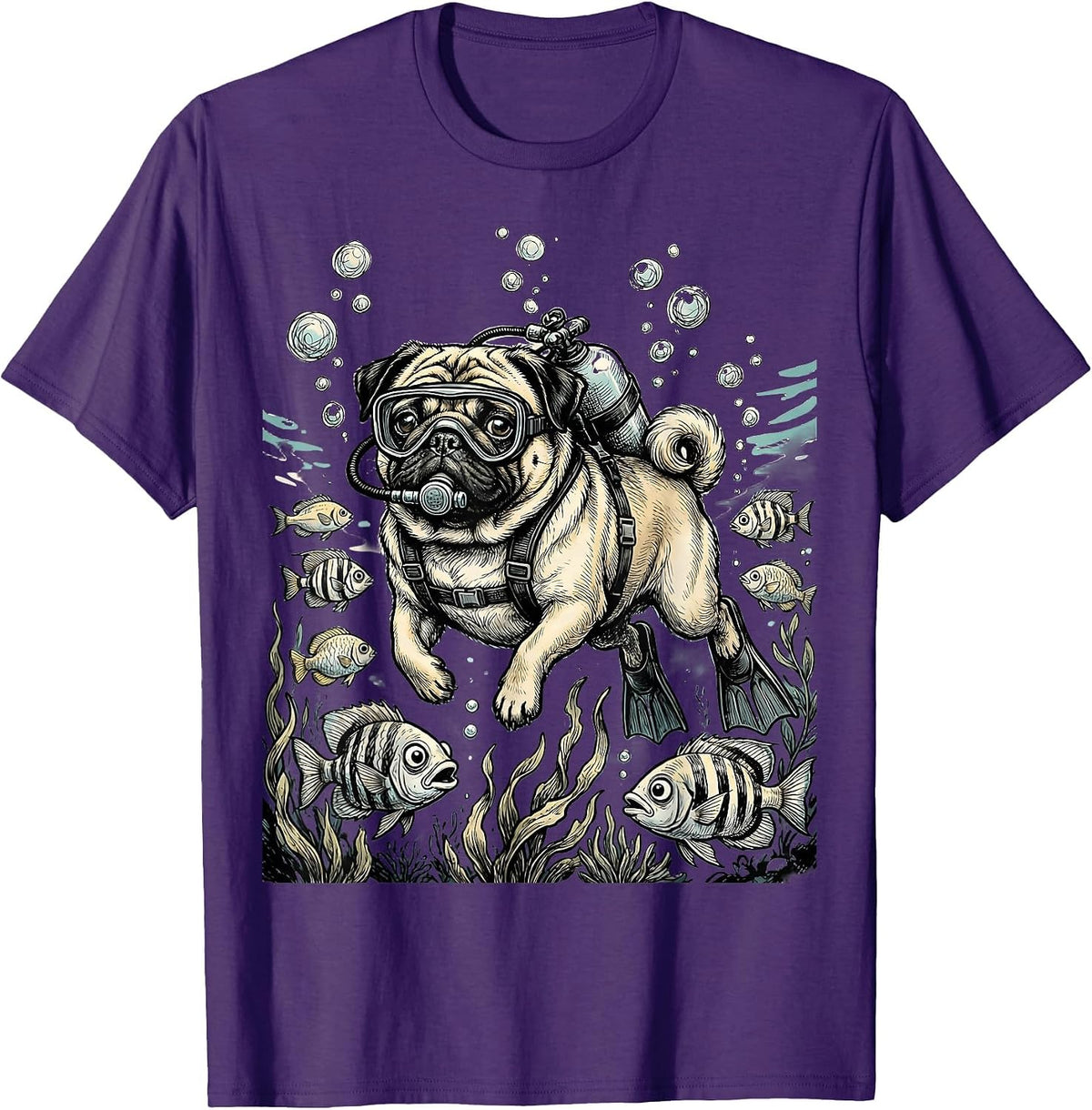 Pug Scuba Diver Underwater Adventure Graphic T-Shirt - Purple