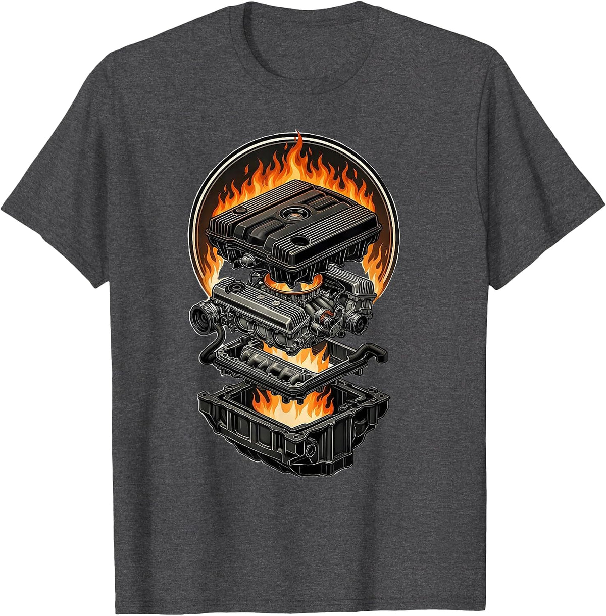 Flaming Car Engine Graphic Tee T-Shirt - Dark Heather Grey