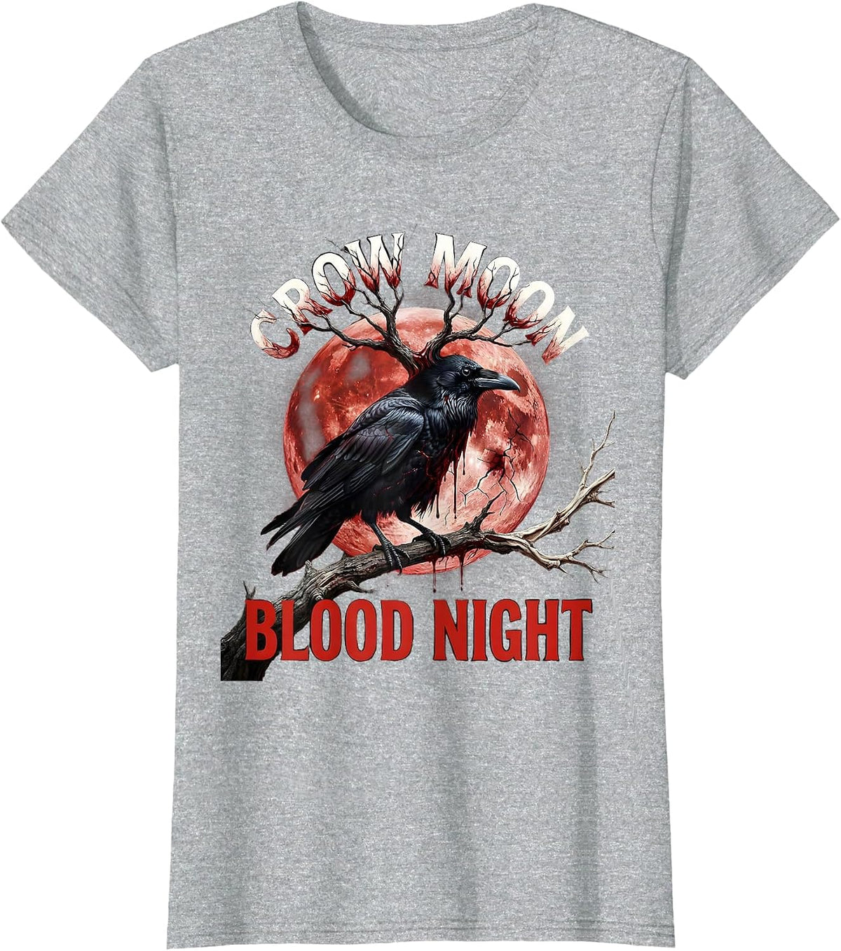 Crow Moon Blood Night Gothic Halloween Design T-Shirt - Heather Grey