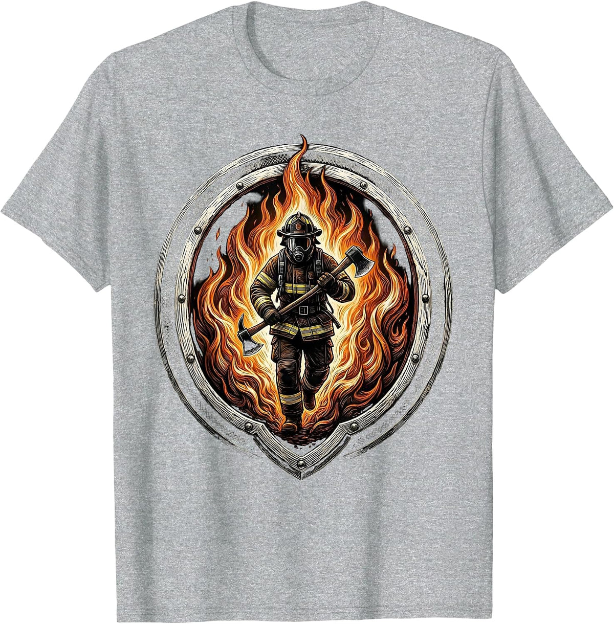 Men's Firefighter Silhouette Walking Through Flames T-Shirt - Heather Grey